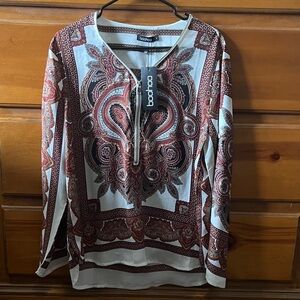 Boohoo Red and Cream Paisley Top